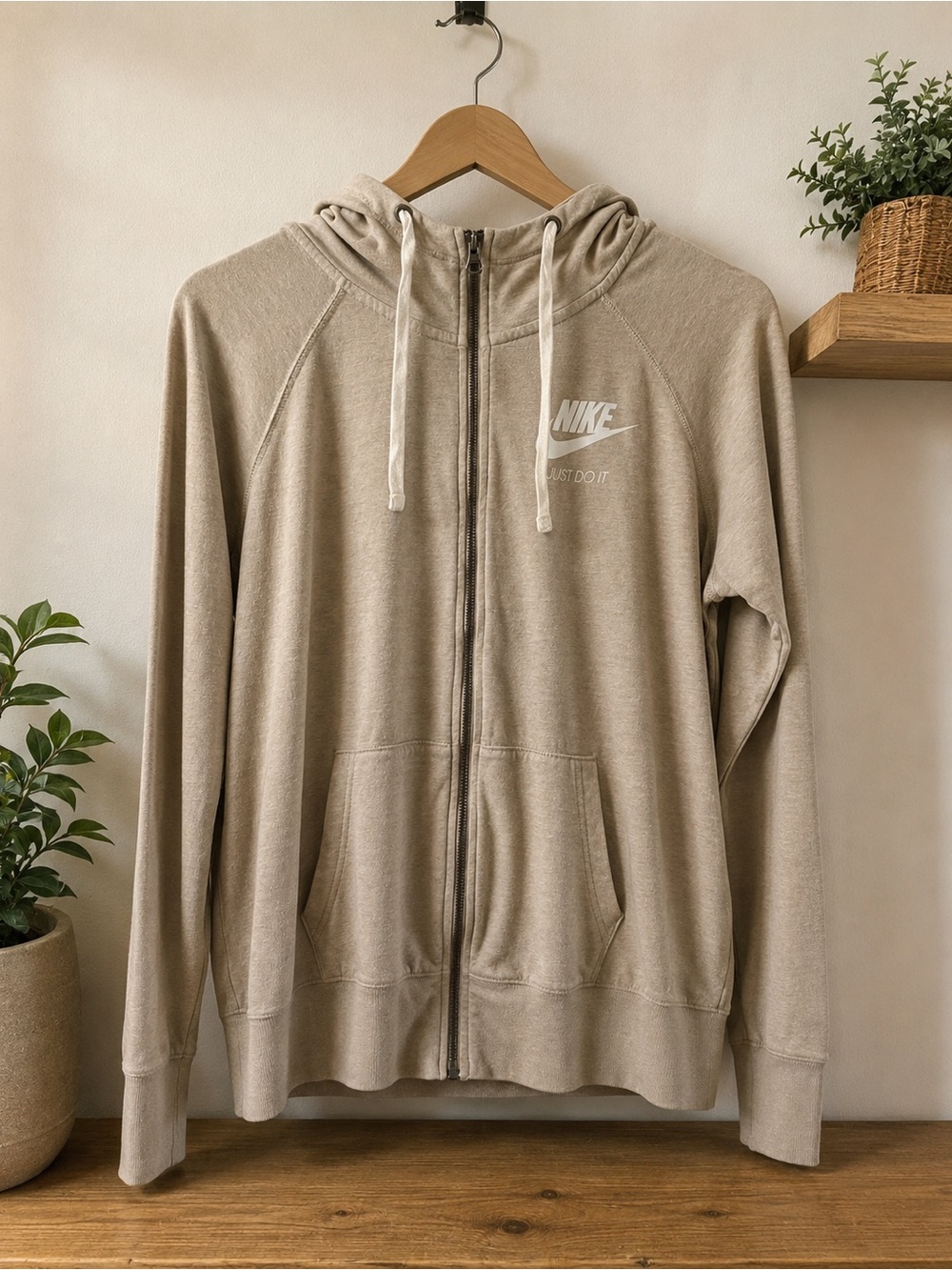 Nike Beige Full-Zip Hoodie with Front Logo